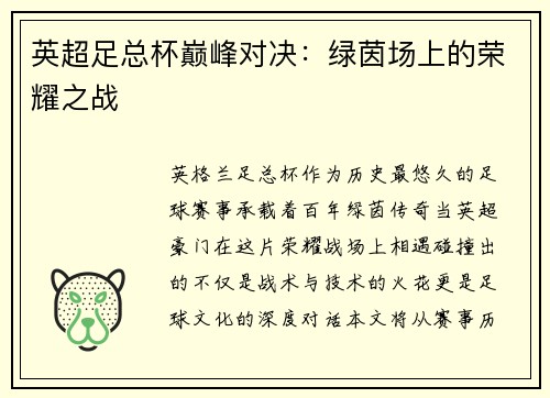 英超足总杯巅峰对决：绿茵场上的荣耀之战